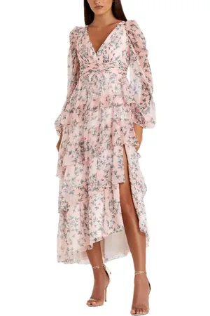Mac Duggal Elegant Puff Sleeve Floral Midi Dress with A-Line Silhouette and Side Pockets in at Nordstrom, Size 8