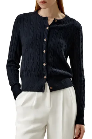 Lilysilk Cable-Knit Cashmere Crewneck Cardigan in at Nordstrom, Size Large