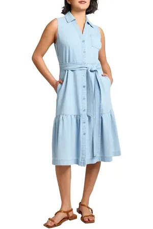 Jones New York Sleeveless Tiered Belted Denim Shirtdress in at Nordstrom, Size X-Large
