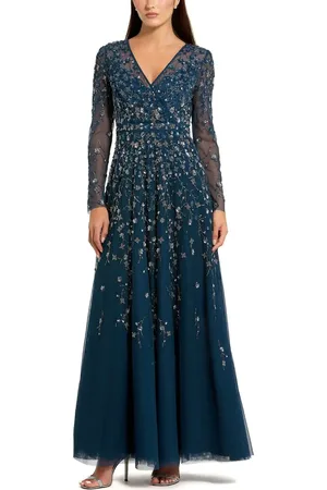 Mac Duggal Embellished Wrap Over Illusion Long Sleeve A Line Gown in at Nordstrom, Size 10