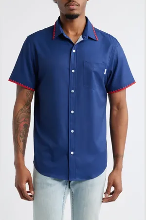 MAVRANS Weekend Crochet Trim Short Sleeve Performance Button-Up Shirt in at Nordstrom, Size Small