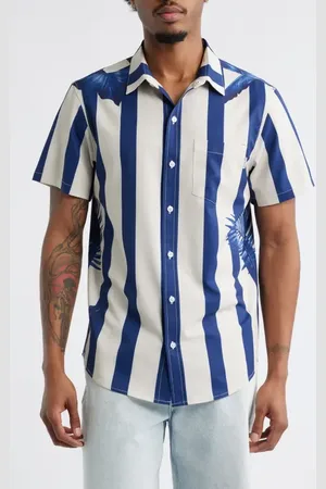 MAVRANS Weekend Stripe Short Sleeve Performance Button-Up Shirt at Nordstrom, Size Large
