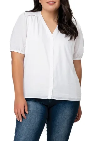 GIBSONLOOK Puff Sleeve Button Front Pin Dot Blouse in at Nordstrom, Size Xx-Small