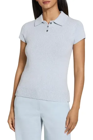 THEORY Wave Bo Cap Sleeve Cotton & Merino Wool Polo Sweater in at Nordstrom, Size Medium