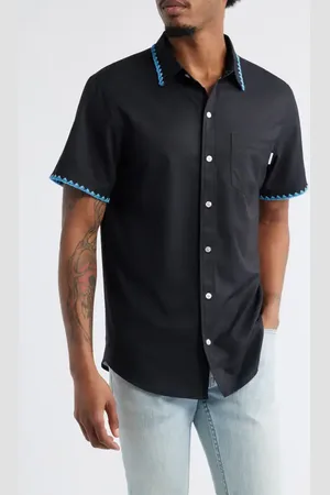 MAVRANS Weekend Crochet Trim Short Sleeve Performance Button-Up Shirt in at Nordstrom, Size Medium