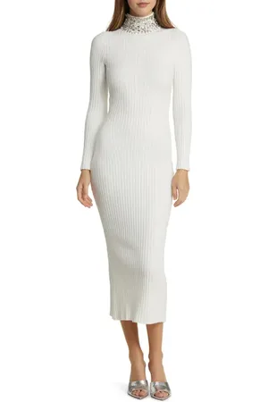 Bebe Crystal Neck Long Sleeve Rib Midi Dress in at Nordstrom, Size X-Small