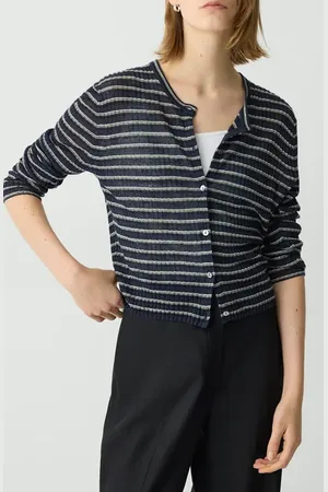THEORY Stripe Crop Linen Blend Cardigan in at Nordstrom, Size Small