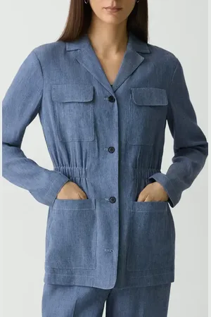 THEORY Denim Pattern Cinched Waist Linen Blend Jacket in at Nordstrom, Size 0