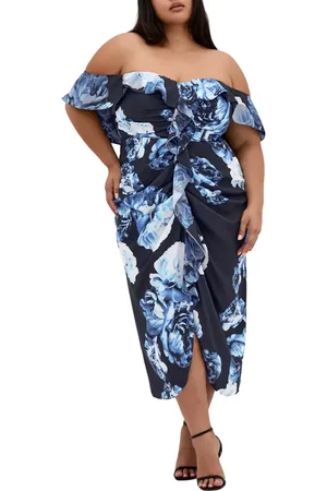 City Chic Gina Print Off the Shoulder Midi Dress in at Nordstrom, Size Xs