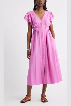 Treasure & Bond Short Sleeve Button Down Linen Blend Midi Dress in at Nordstrom, Size Large