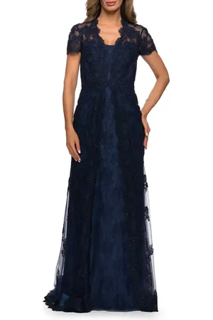 La Femme Long Lace Evening Dress with Scallop Detailing and Rhinestones in at Nordstrom, Size 10