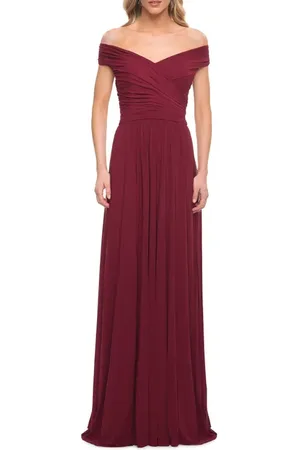 La Femme Off the Shoulder Net Jersey Long Dress with Ruching in at Nordstrom, Size 14