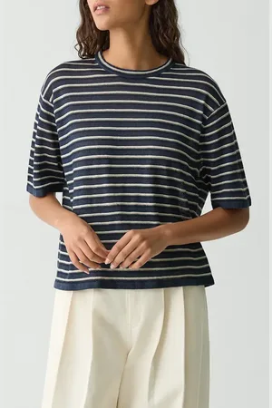 THEORY Neo Sag Harbor Stripe Linen Blend Boyfriend T-Shirt in at Nordstrom, Size Large