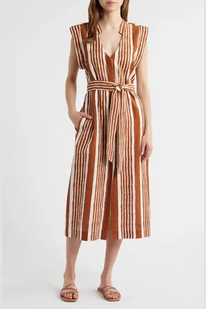 Cleobella Lani Stripe Tie Waist Cotton & Linen Midi Dress in at Nordstrom, Size Large