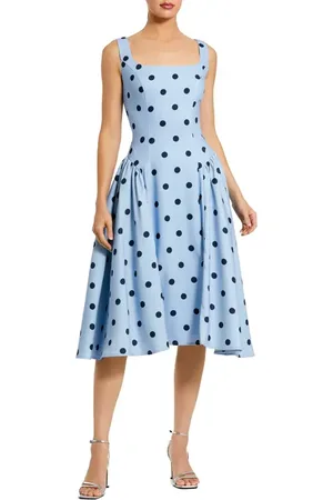 Mac Duggal Polka Dot A-Line Midi Dress with Square Neck and Ruffle Gussets in at Nordstrom, Size 6