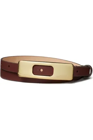Tory Burch Leather Plate Buckle Belt in Dark Cabernet /Gold at Nordstrom, Size Medium