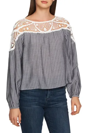 1. STATE Lace Yoke Pinstripe Blouse in at Nordstrom, Size Small