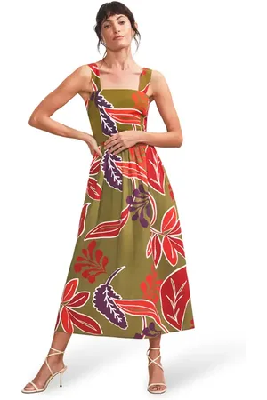 Ro&Zo Olive Leaf Printed Cotton Midi Dress in at Nordstrom, Size 4