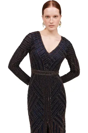 Beauut Occasion Embellished Sequin Beaded V Neck With Long Sleeves Evening Maxi Dress in at Nordstrom, Size 10