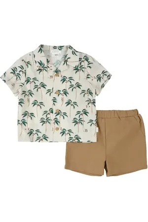 FIRSTS by petit lem Palm Trees Crosshatch Camp Shirt & Khaki Shorts Set in at Nordstrom, Size 3M