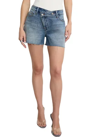 GOOD AMERICAN Good Girlfriend Raw Hem Crossover Waist Denim Shorts in at Nordstrom, Size 00