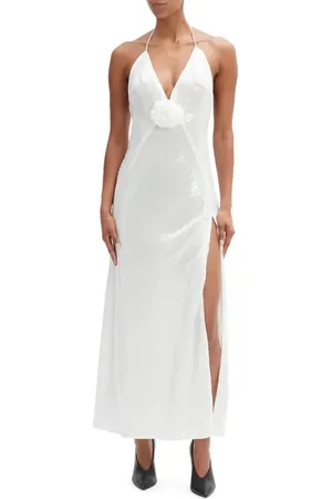 Bardot Aradia Rosette Sequin Plunge Halter Gown in at Nordstrom, Size 8