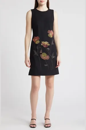 Anne Klein Floral Bead Embroidered Sleeveless Shift Dress in at Nordstrom, Size 0
