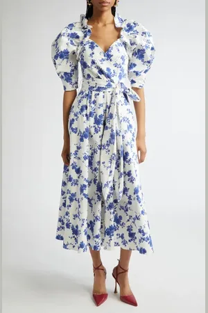 Carolina Herrera Floral Print Puff Sleeve Faux Wrap Dress in at Nordstrom, Size 8