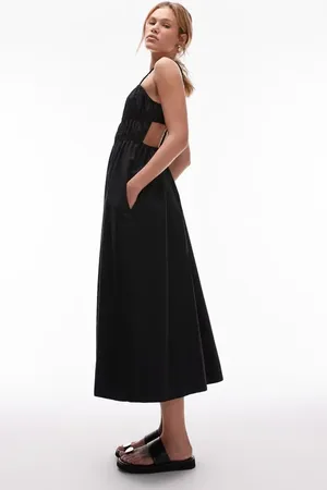Topshop Shirred Cutout Cotton Poplin Midi Sundress in at Nordstrom, Size 6 Us