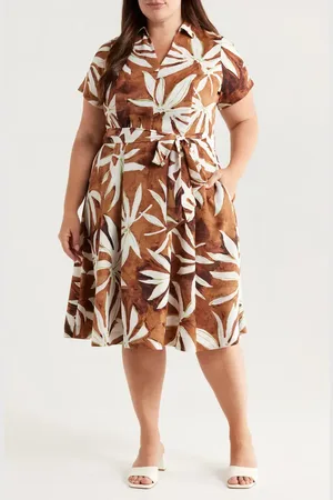 Tahari ASL Print Tie Belt Midi Shirtdress in at Nordstrom, Size 14W