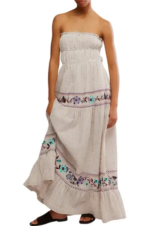 Free People Kalani Stripe Embroidered Halter Neck Cotton Maxi Dress in at Nordstrom, Size X-Small