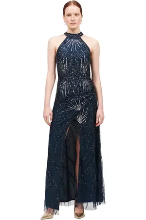 Beauut Occasion Embellished Sequin Beaded Halter Neck Evening Maxi Dress in at Nordstrom, Size 12