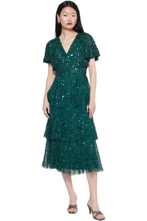 Beauut Occasion Embellished Sequin Beaded Short Sleeves Evening Midi Dress in at Nordstrom, Size 4