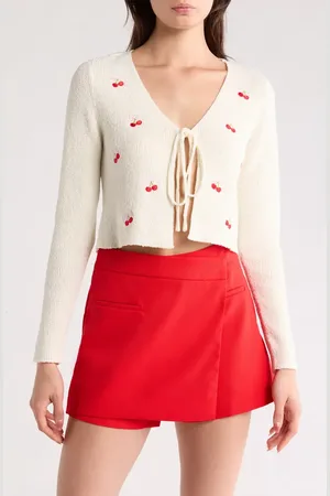 ALL IN FAVOR Cherry Embroidered Boucl?? Cardigan in at Nordstrom, Size Medium