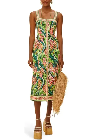 Farm Rio Heli Leaves Button Front Linen Midi Dress in at Nordstrom, Size Xx-Small