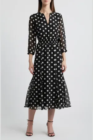 Anne Klein Polka Dot Smocked Waist Midi Dress in at Nordstrom