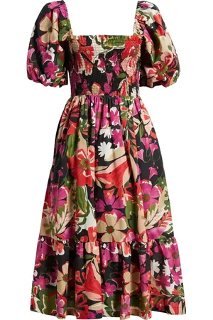 Anne Klein Puff Sleeve Smocked Bodice Cotton Sundress in at Nordstrom, Size 4