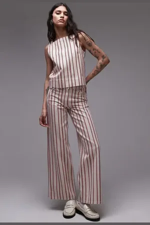 Topshop Stripe Mid Rise Wide Leg Jeans in at Nordstrom, Size 32