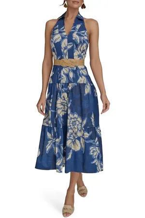 Donna Karan Belted Floral Halter Neck Midi Dress in at Nordstrom, Size 2