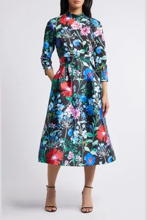 Julia Jordan Floral Three-Quarter Sleeve Midi Fit & Flare Dress in at Nordstrom, Size 2