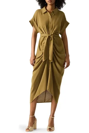 Steve Madden Tori Belted Ruched Slub Midi Shirtdress in at Nordstrom, Size 0