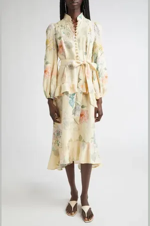 ZIMMERMANN Floral Print Belted Linen Midi Dress in at Nordstrom, Size 0