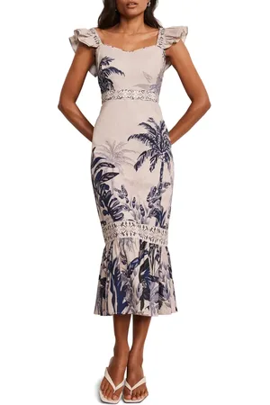 mint&berry Palm Print Column Midi Dress in at Nordstrom, Size 6
