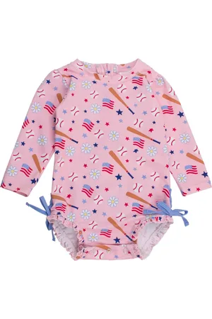 RuffleButts Baby Girls UPF50+ Sun Protected Americana Long Sleeve One Piece Rash Guard in at Nordstrom, Size 12-18M
