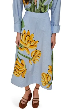 Farm Rio Banana Cocina Stripe Cotton Midi Skirt at Nordstrom, Size Small
