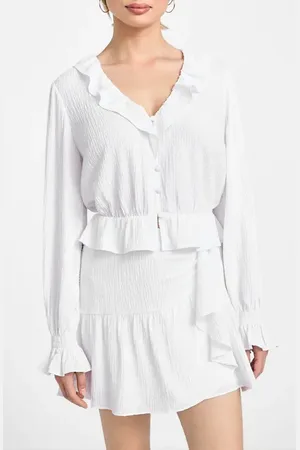 Guess Shaelo Long Sleeve Button-Up Crop Top in at Nordstrom, Size Small