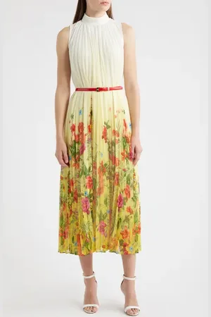 ELIE TAHARI The Reilley Belted Sunshine Floral Sleeveless Pleated Dress in at Nordstrom, Size Medium