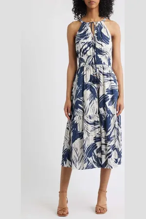 Vince Camuto Leaf Print Cotton Halter Neck Midi Dress in at Nordstrom, Size 0