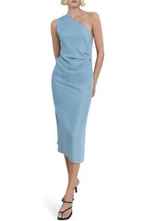MANGO Pleated One-Shoulder Chambray Dress in at Nordstrom, Size 4