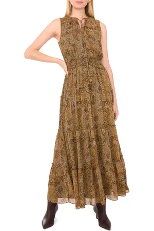 1. STATE Abstract Print Tie Neck Tiered Maxi Dress in at Nordstrom, Size Medium